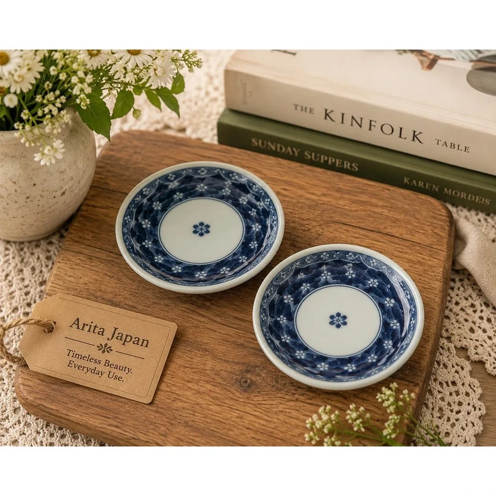 Vintage Arita Japan Blue White Porcelain Small Dishes Set of 2 Butter Pats 3.5